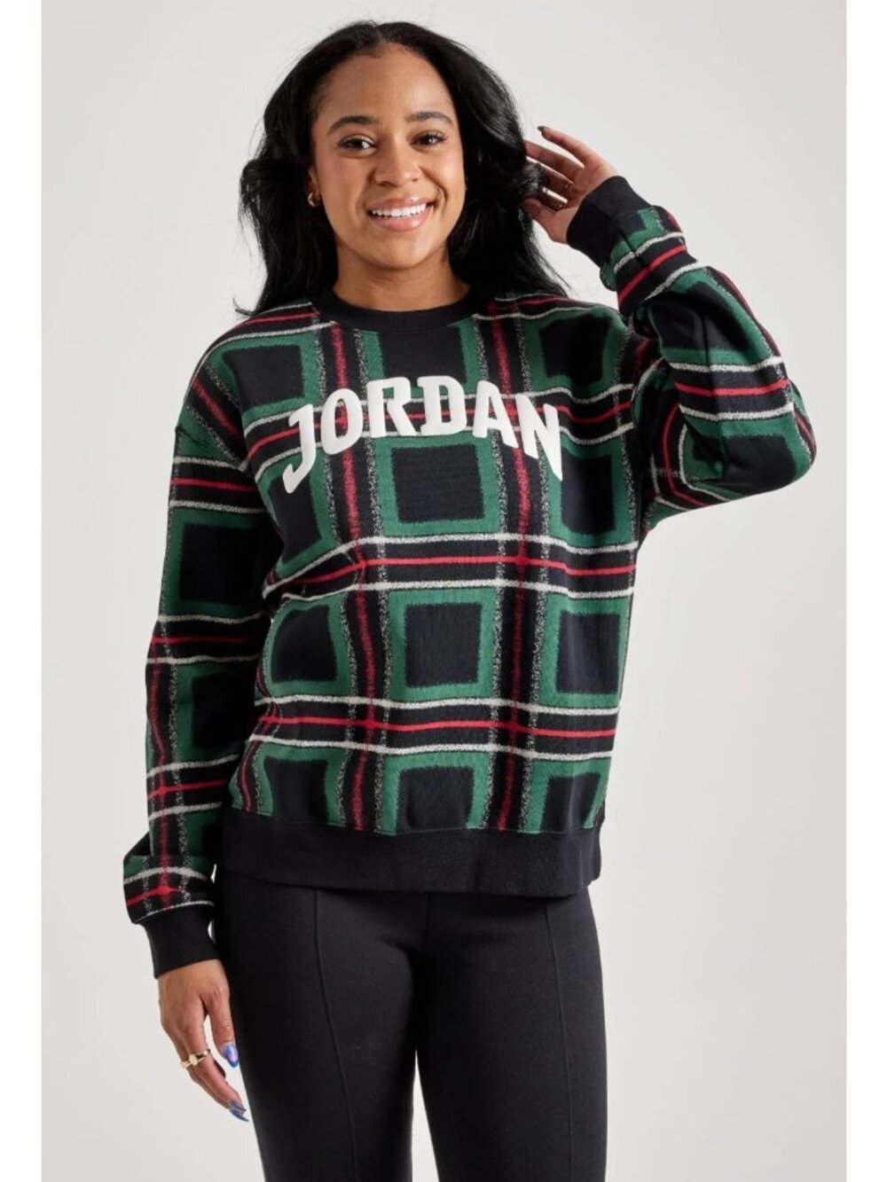 Jordan Brooklyn Fleece Green Plaid Women's L Crew-Neck Sweatshirt HM5498-341